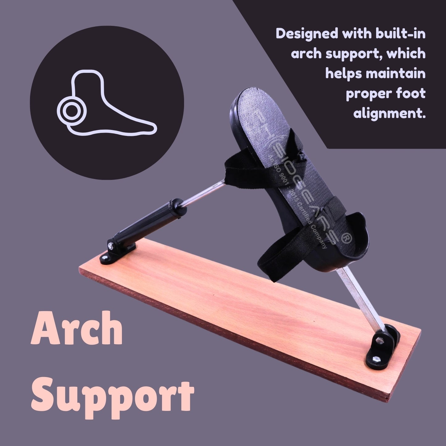 Arch support device on a wooden platform with text explaining its function.