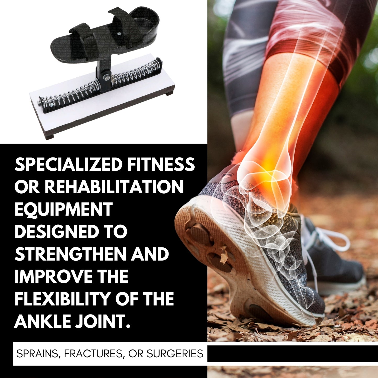 Ankle support device with text about specialized fitness or rehabilitation equipment for ankle joint health.
