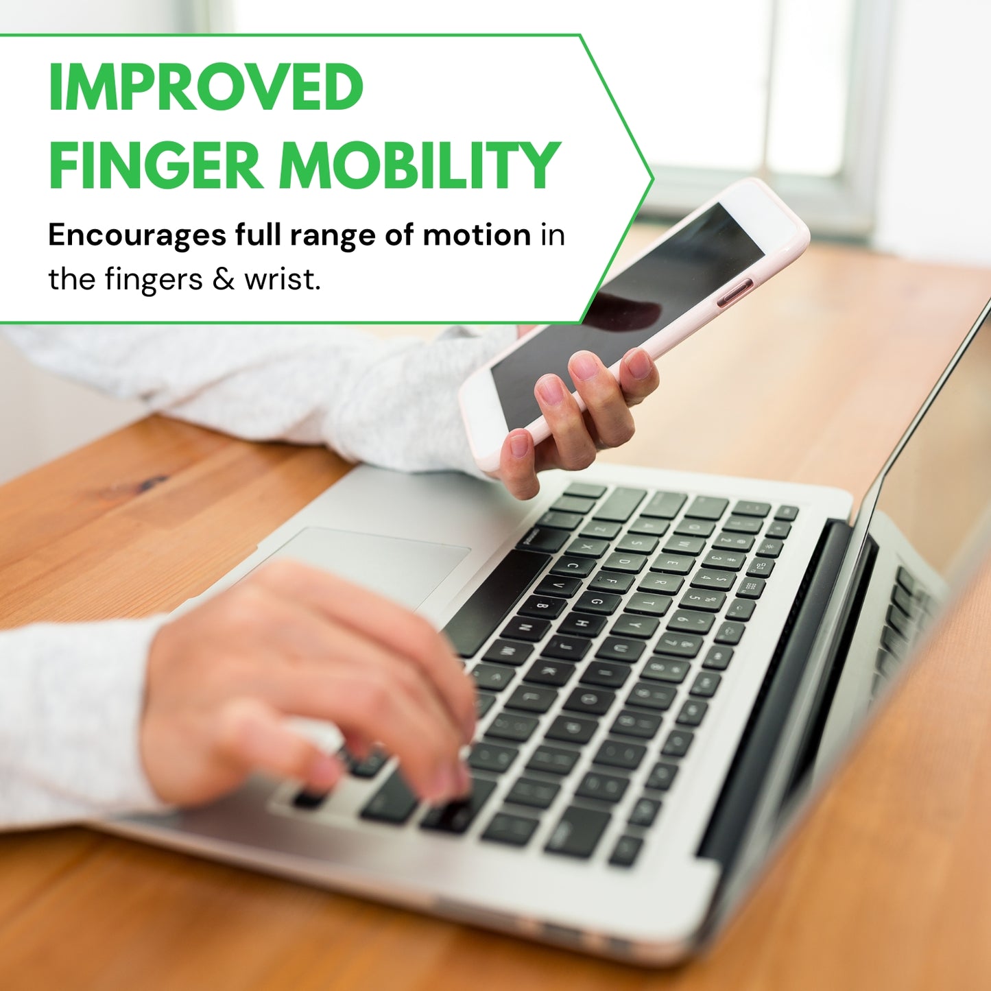 Person using a laptop with text about improved finger mobility