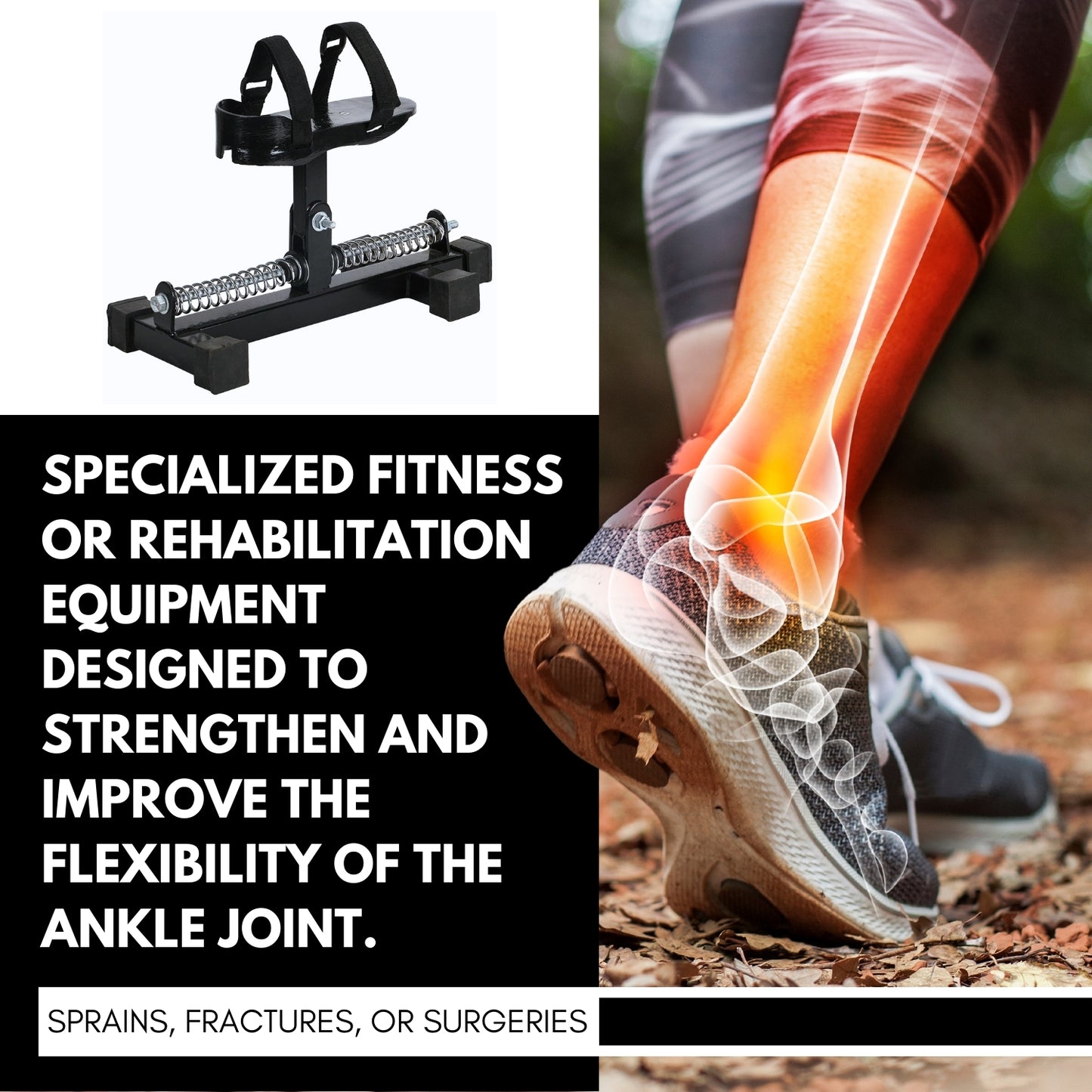 Ankle joint with X-ray effect and specialized fitness equipment on a white background