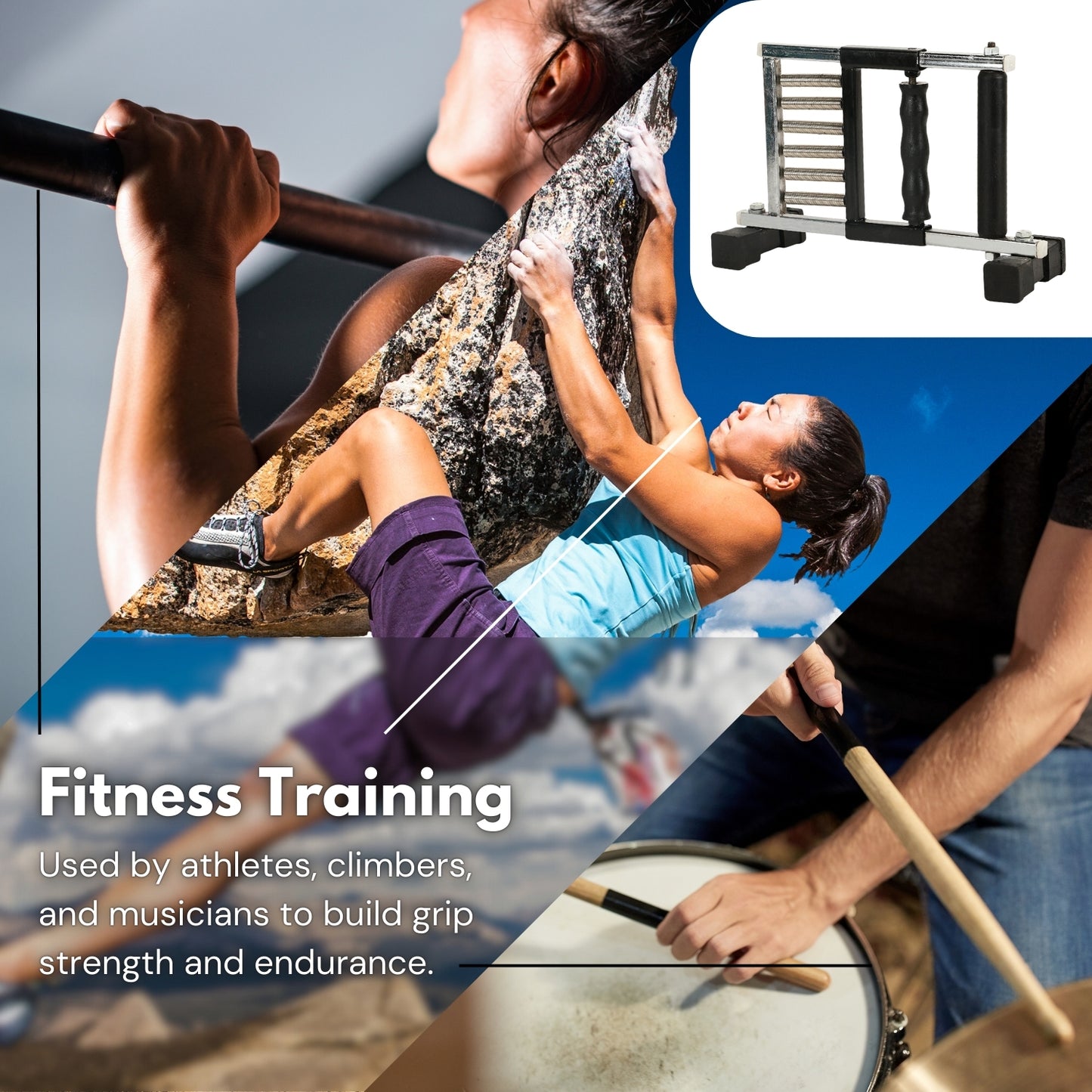Person using a pull-up bar with text about fitness training and product inset.