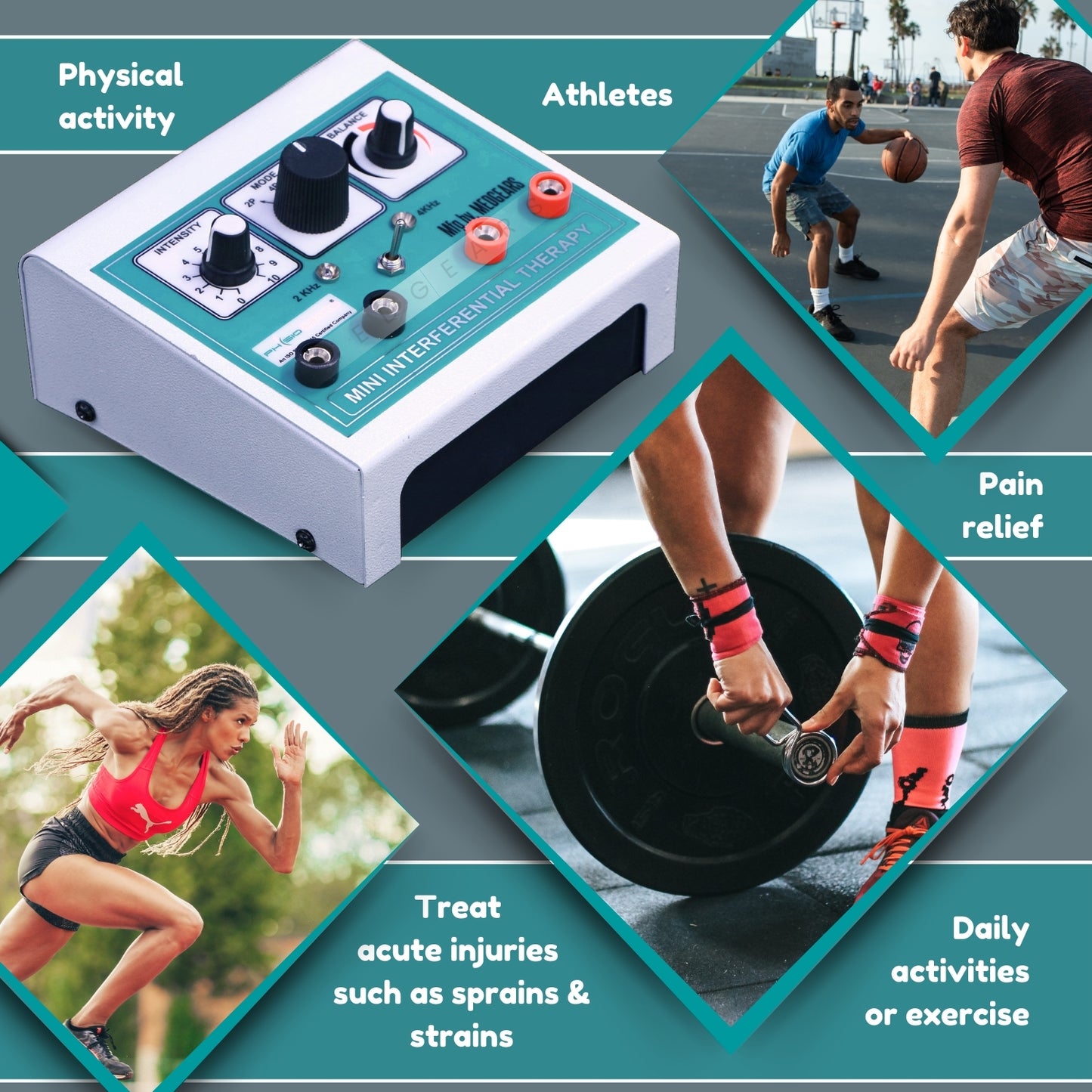 Electrical muscle stimulator with athletes using it for pain relief and physical activity.