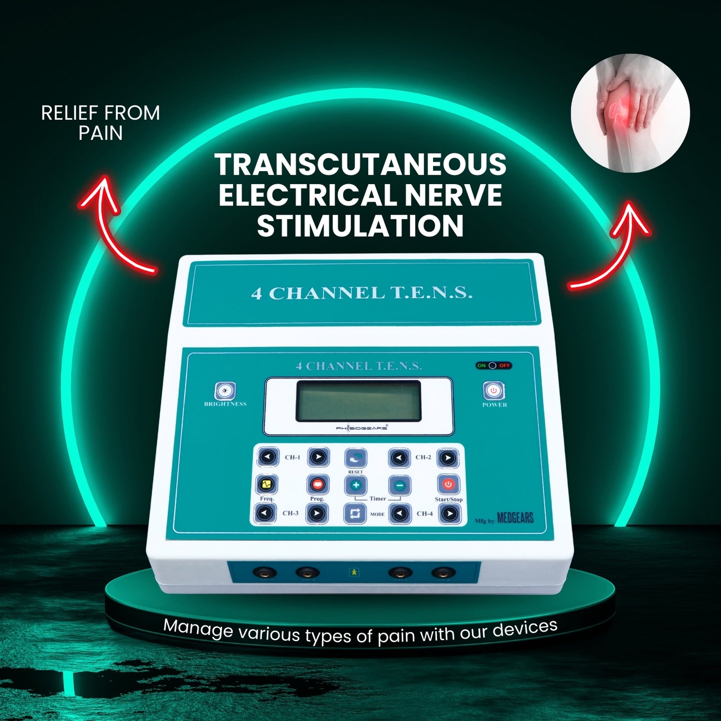 Transcutaneous Electrical Nerve Stimulation device with text and glowing effects on a dark background