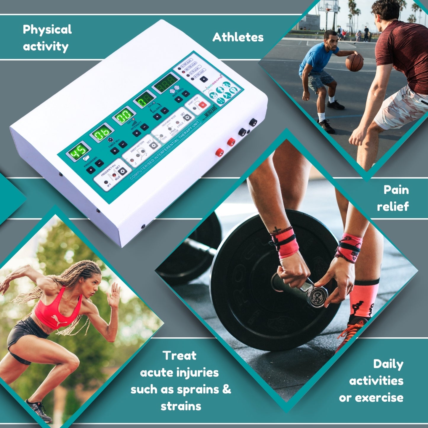 Electrotherapy device with athletes using it for pain relief and physical activity on a blue background.