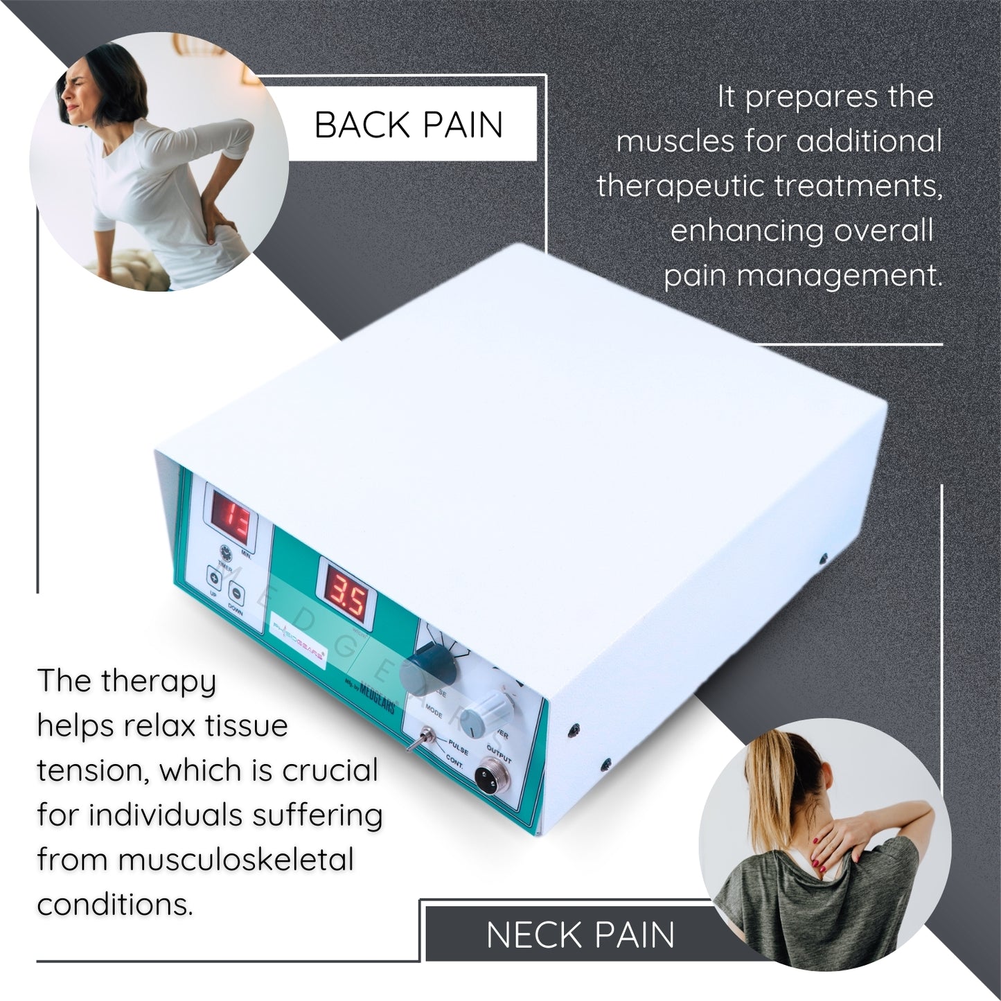Therapeutic device for back and neck pain with text on pain management and muscle preparation.
