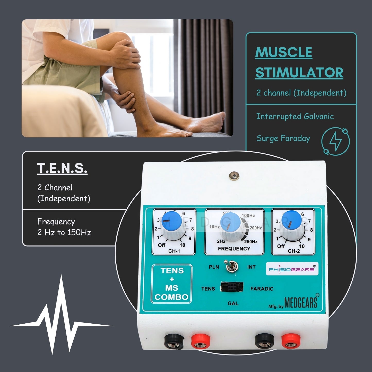 Muscle stimulator device with T.E.N.S. features on a dark background