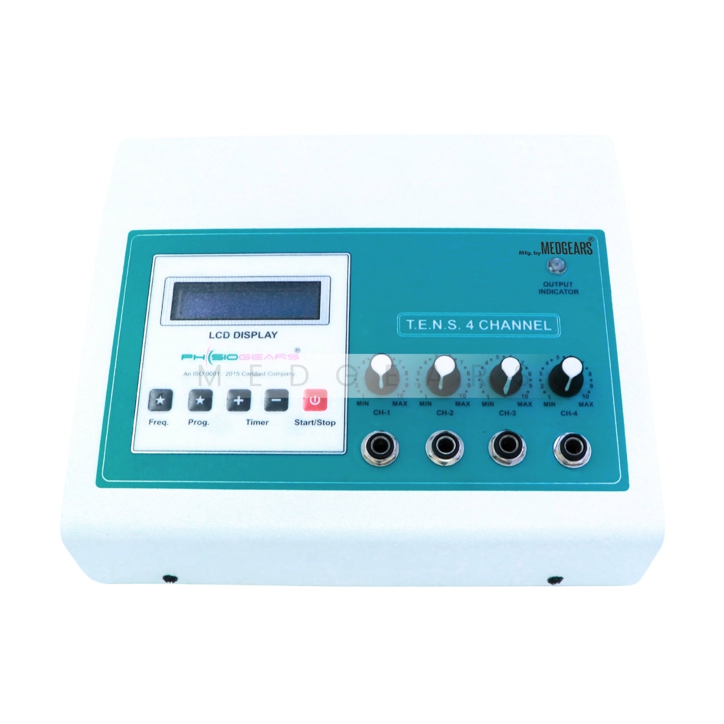 Teal electronic device with LCD display and control buttons on a white background