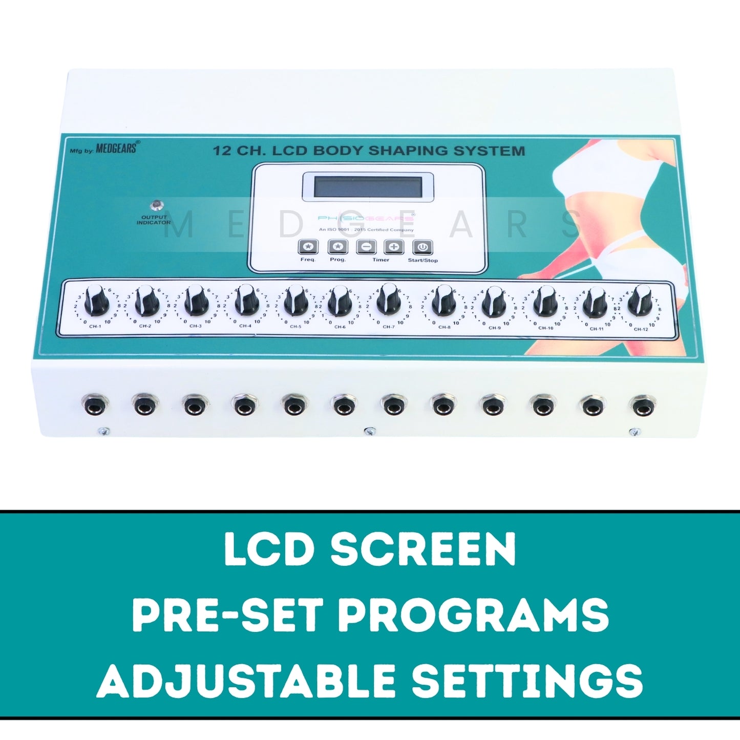LCD body shaping system with digital display and control knobs on a white background