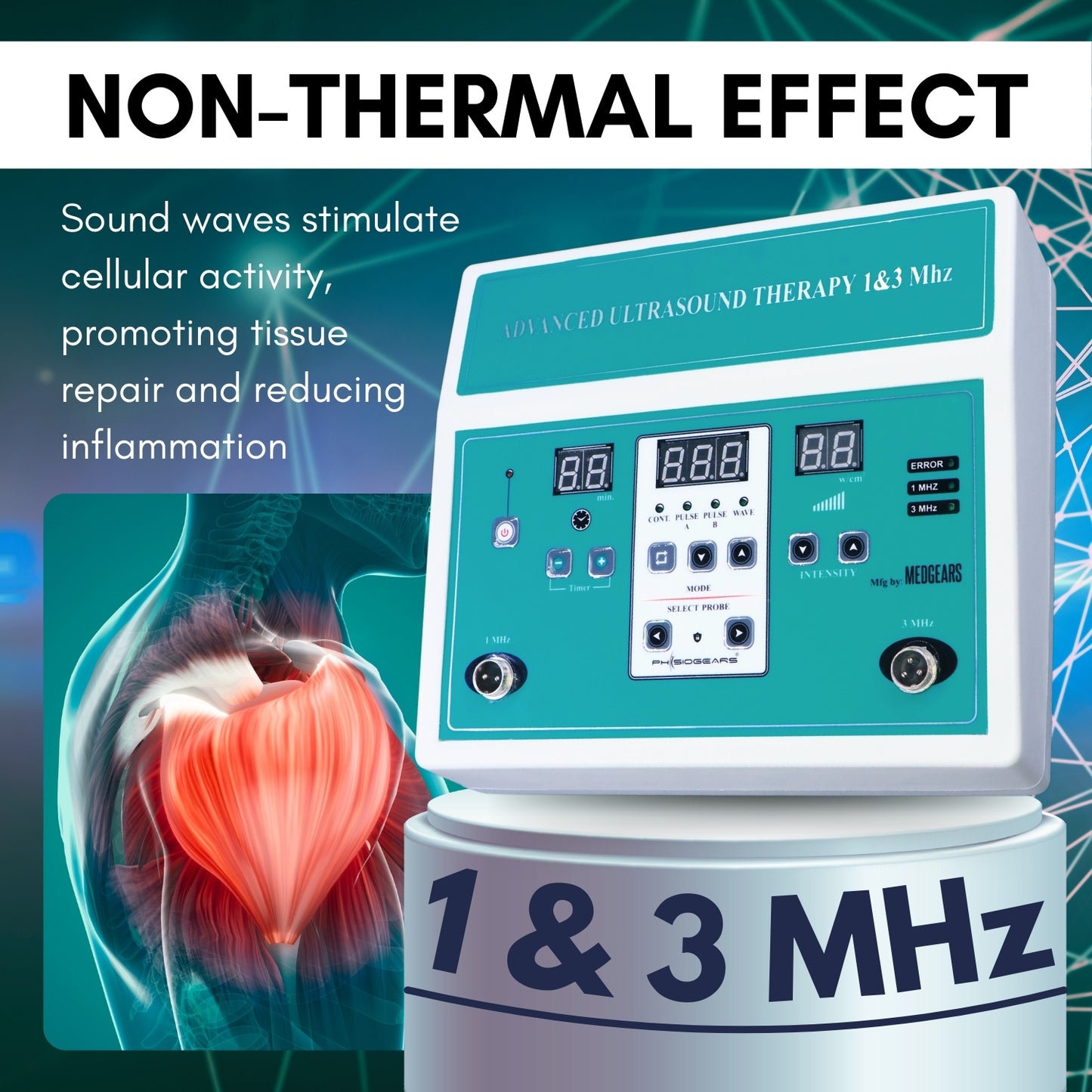 Ultrasound therapy machine with text about non-thermal effects and sound waves on a blue background