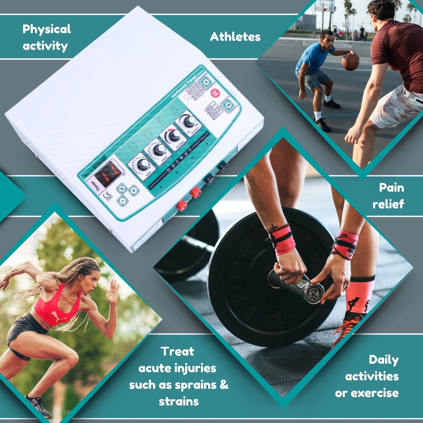 Electrotherapy device with images of athletes and text about pain relief and acute injuries.