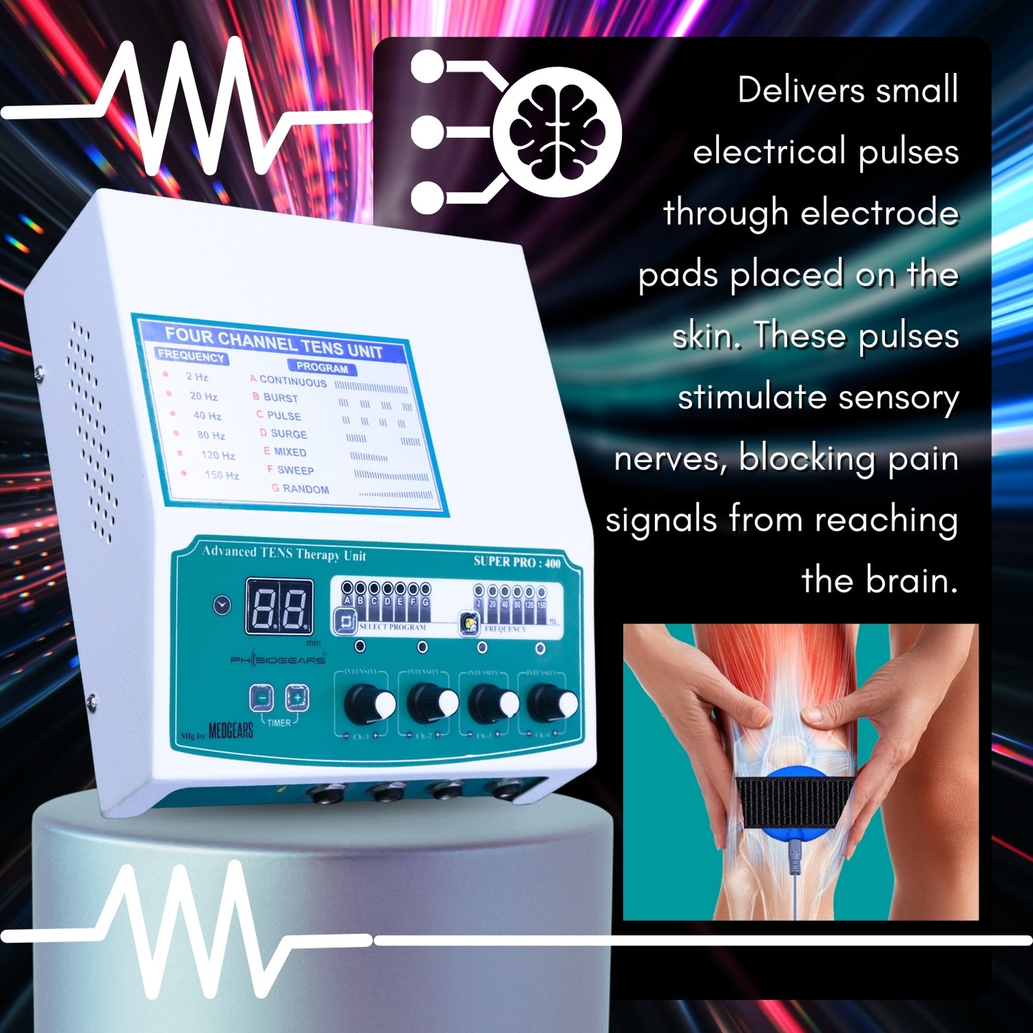 Electrotherapy device with text explaining its function on a colorful background