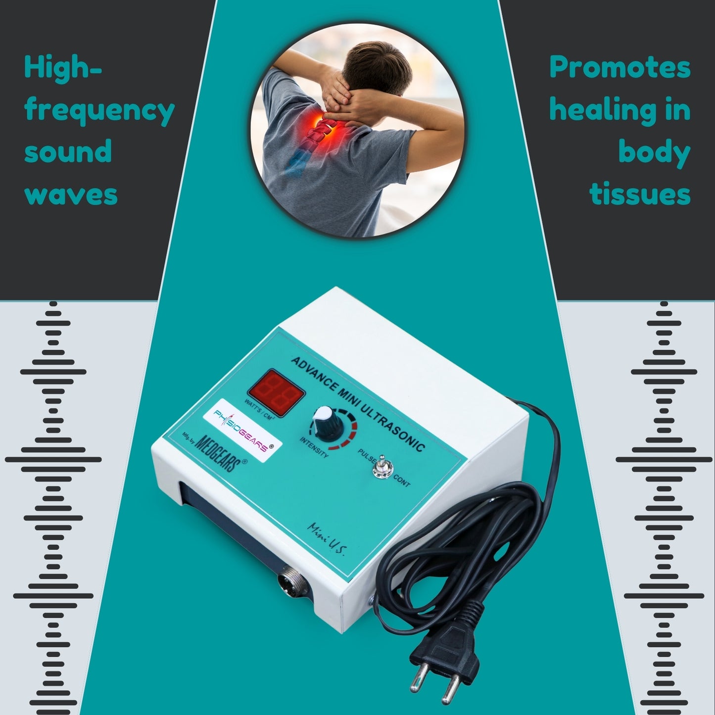 Ultrasound machine with text explaining its use for high-frequency sound waves and tissue healing.