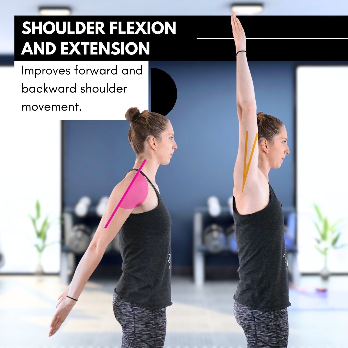 Woman performing shoulder flexion and extension exercise with text on shoulder movement benefits.