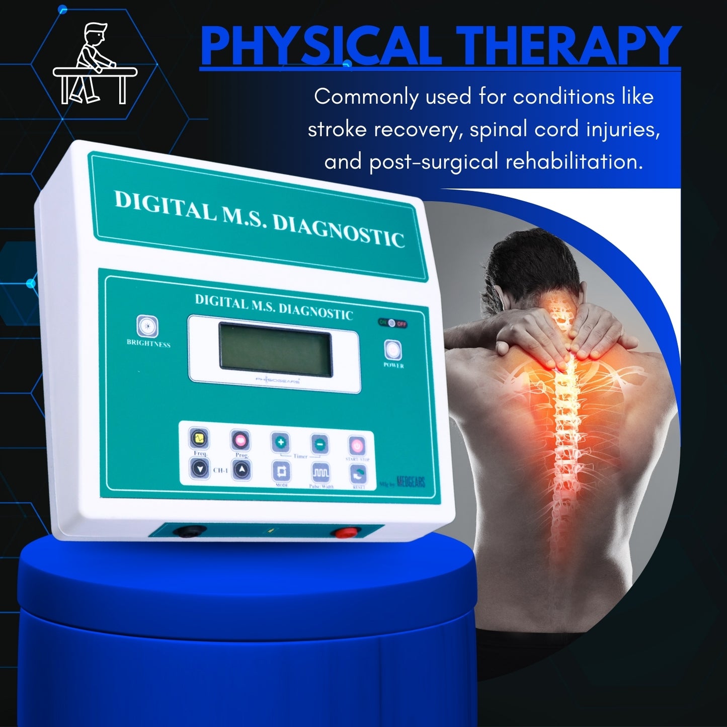 Digital M.S. Diagnostic machine with a person holding their shoulder, indicating physical therapy use.
