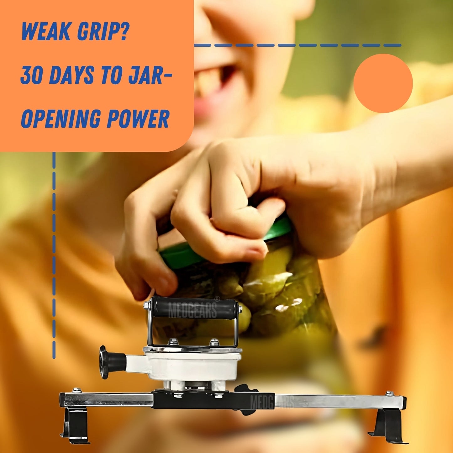 Hand holding a jar opener with text about grip strength improvement.