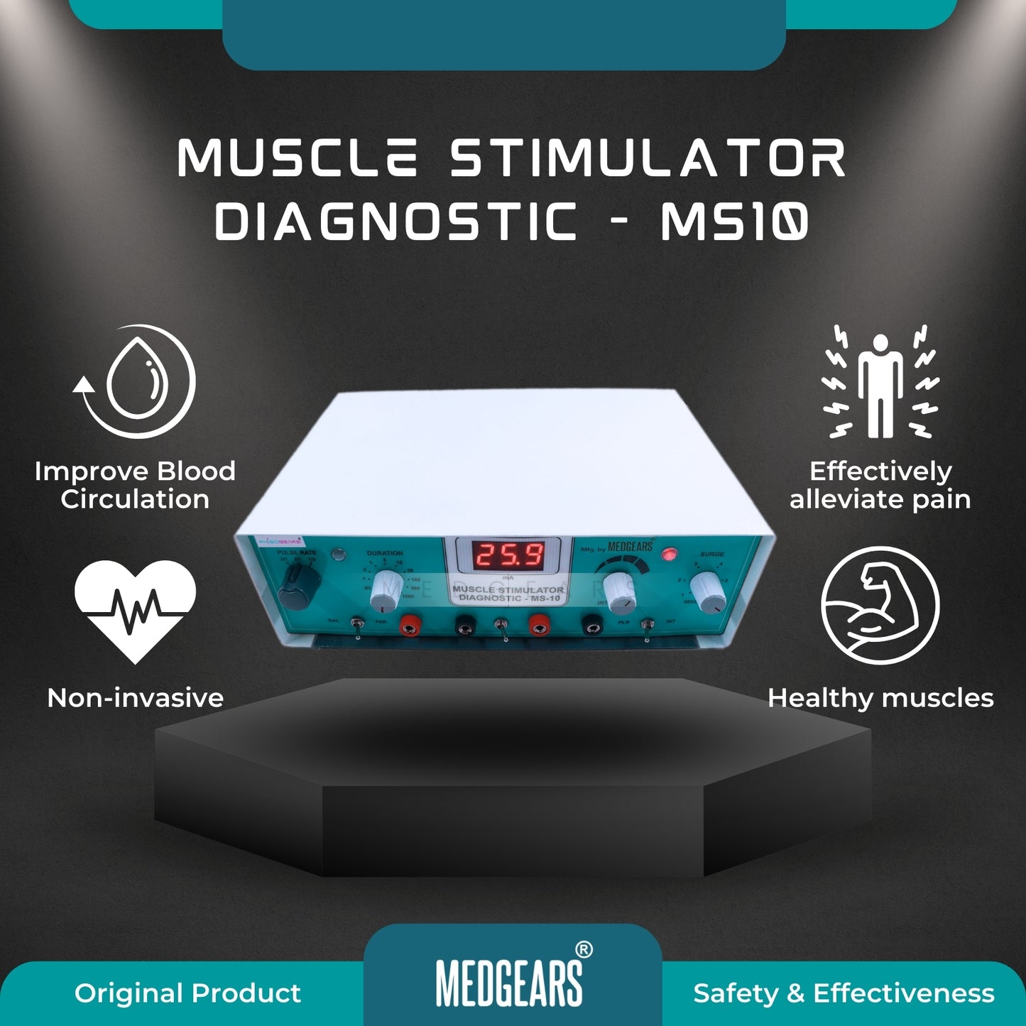 Muscle stimulator diagnostic device with features on a dark background