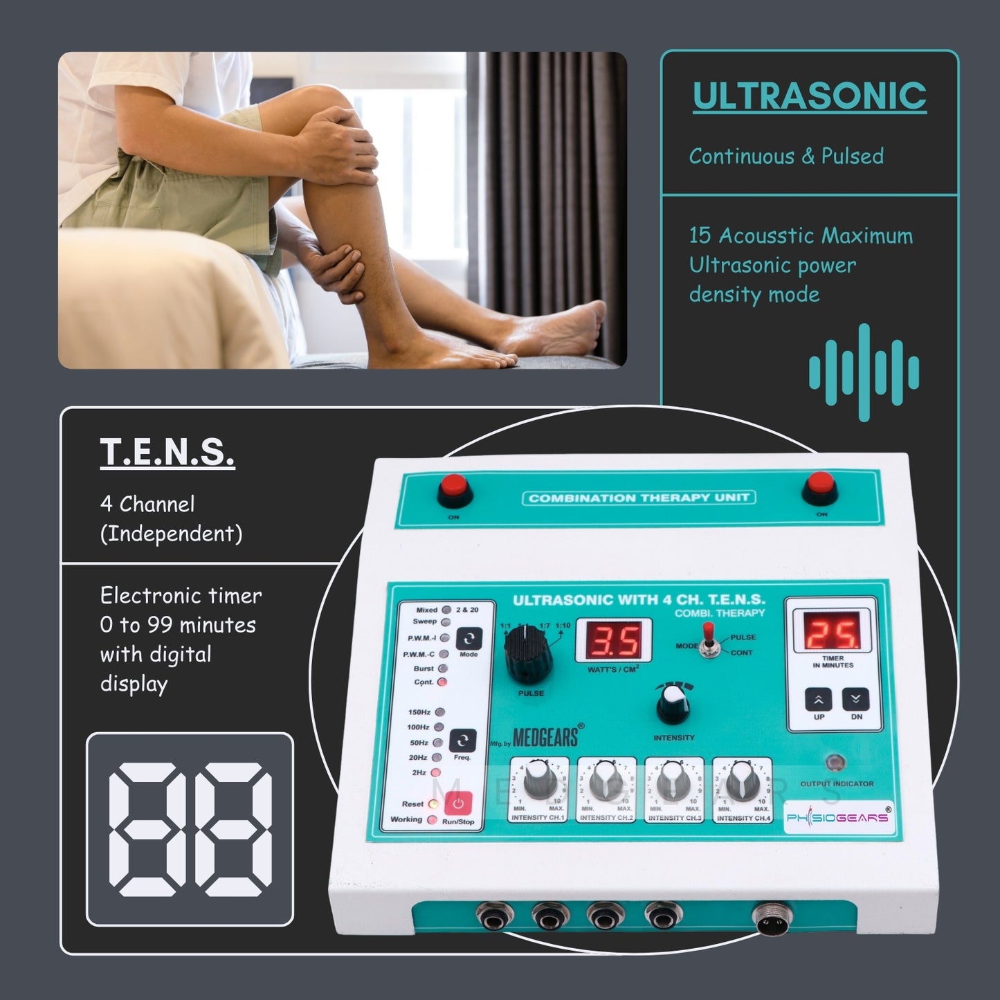 Ultrasonic and T.E.N.S. combination therapy unit with digital display and control panel.