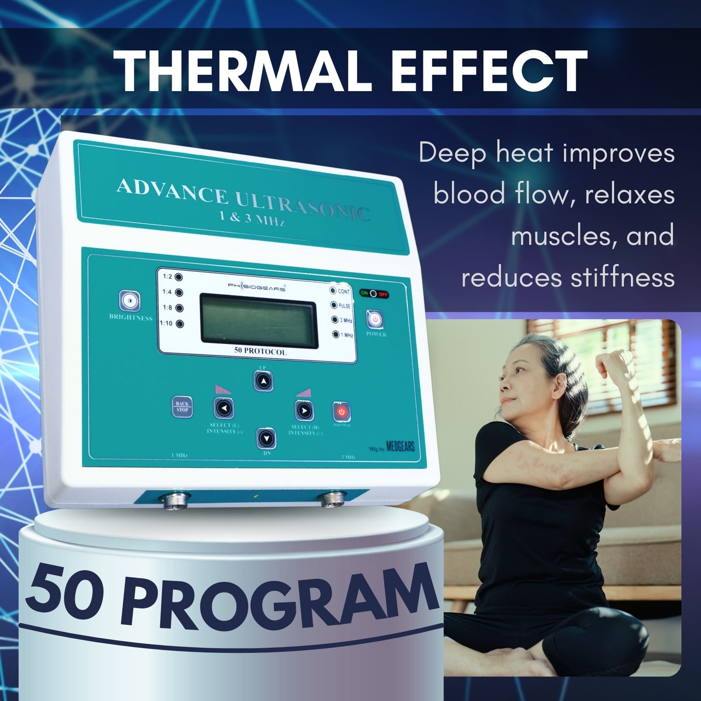 Advance Ultrasonic device with text about thermal effect and a person using it.