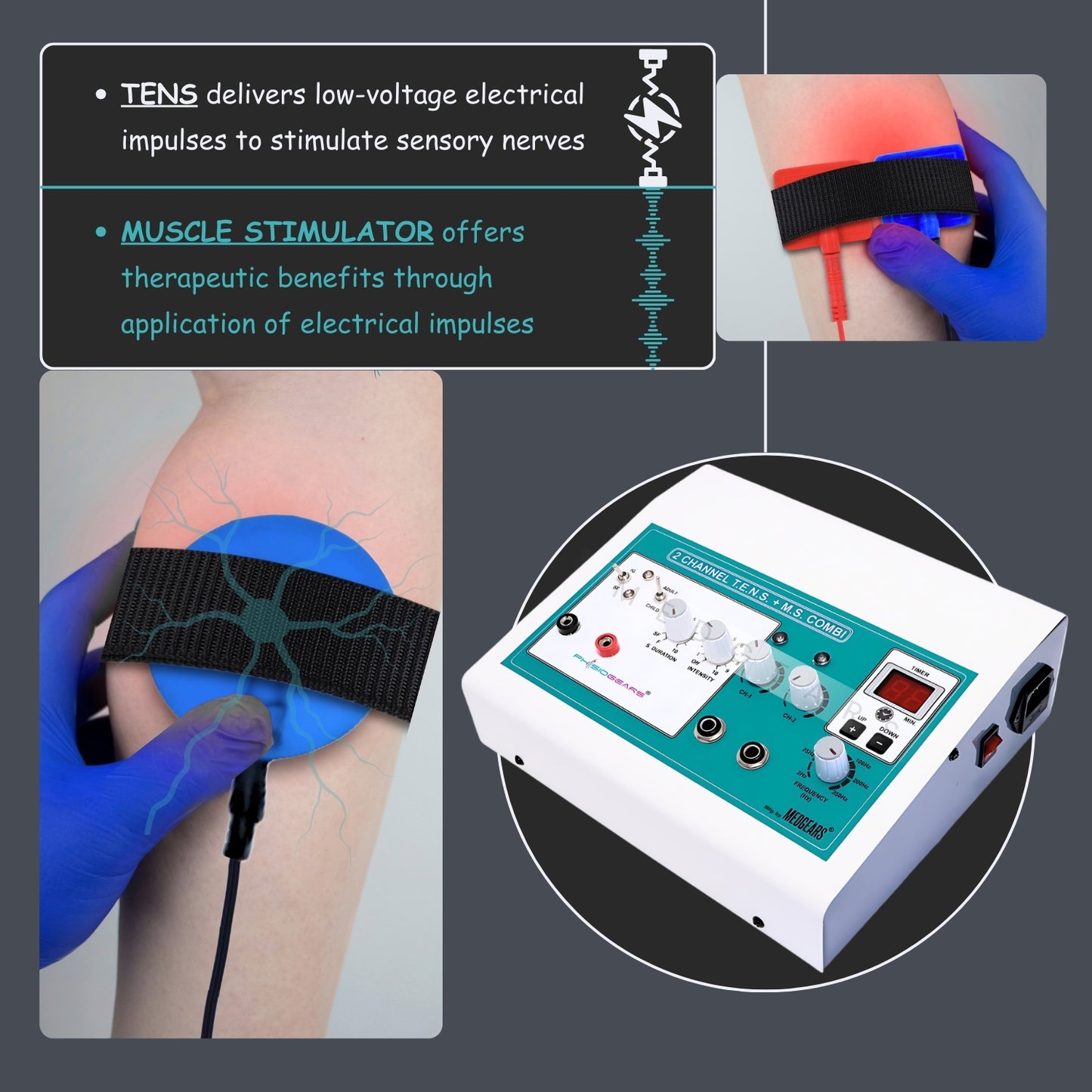 Electric muscle stimulator device with close-up of application on skin and text explaining its function.