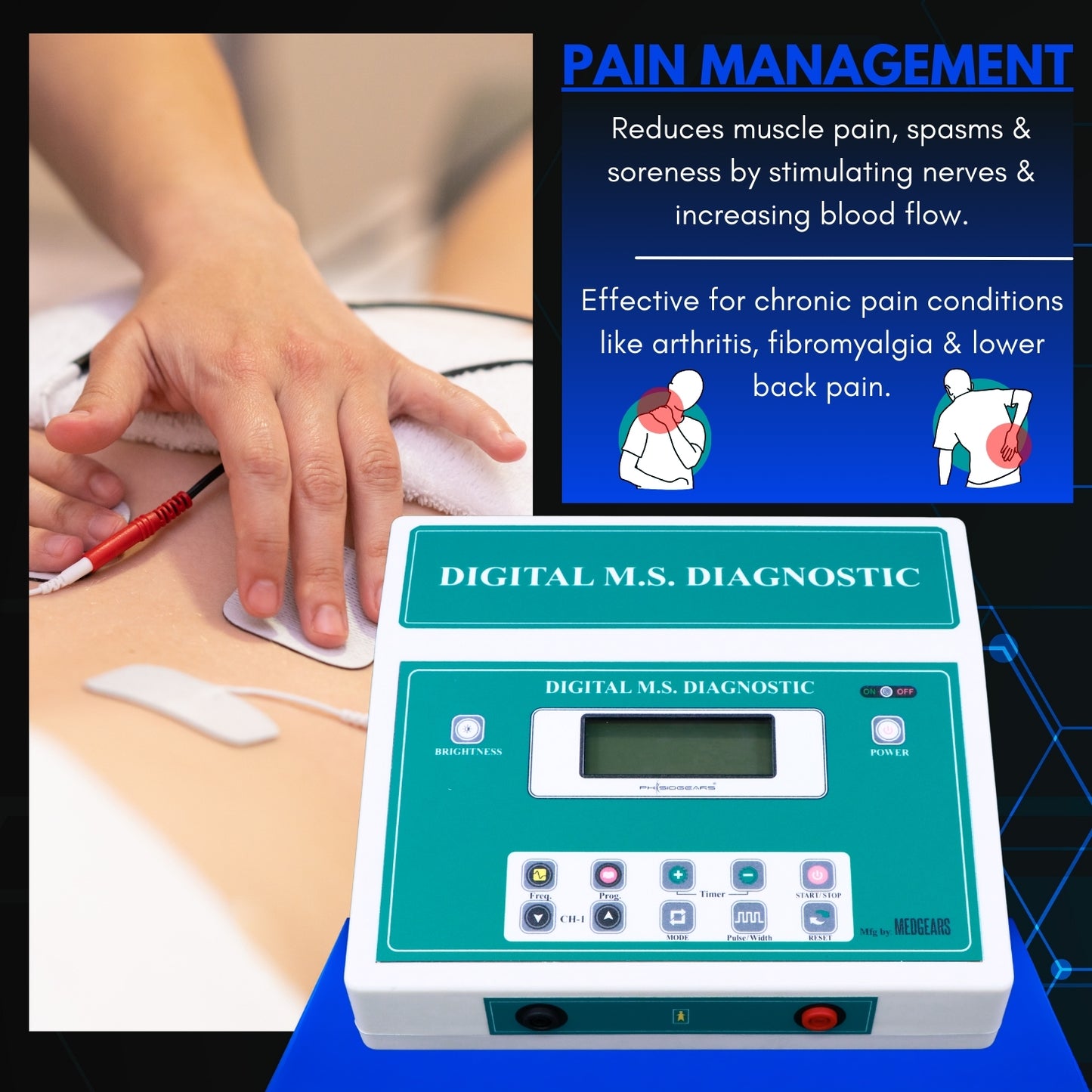 Digital M.S. Diagnostic device with text on pain management and chronic pain conditions.
