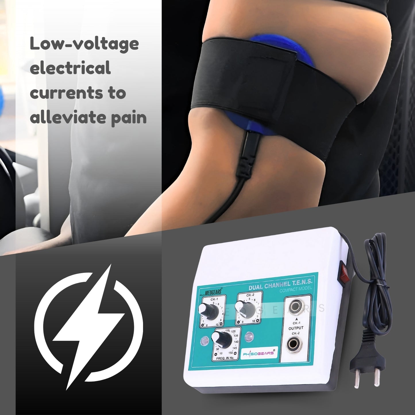 Electric muscle stimulator device with power cord and control panel, used for pain relief.