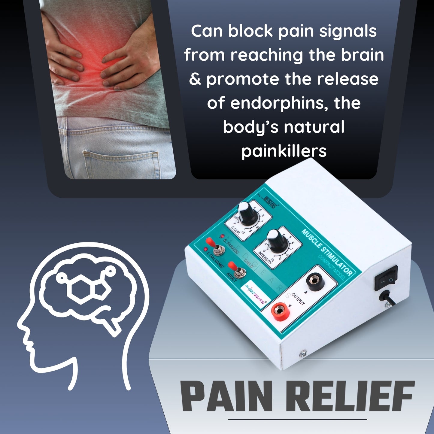 Pain relief device with text about blocking pain signals and promoting endorphins, on a dark background.