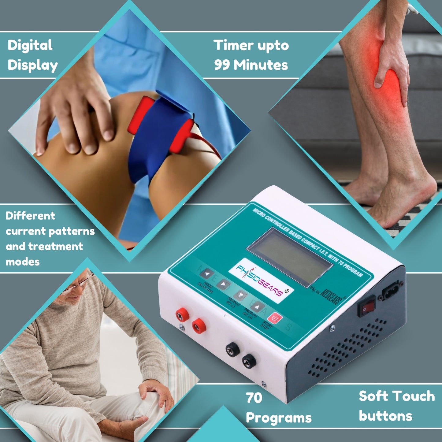 Electrotherapy device with digital display and various features highlighted on a green background