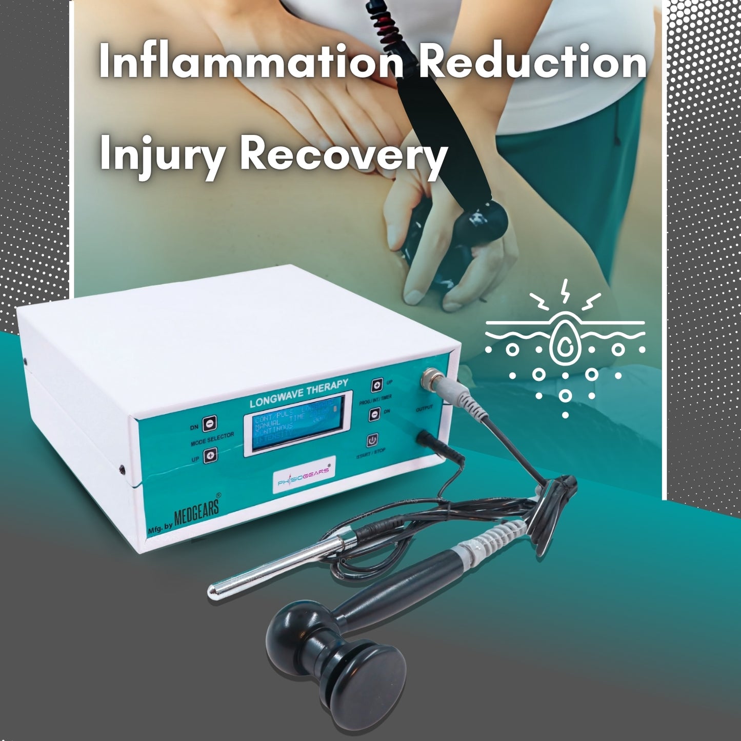 Longwave therapy device for inflammation reduction and injury recovery with a person using it.