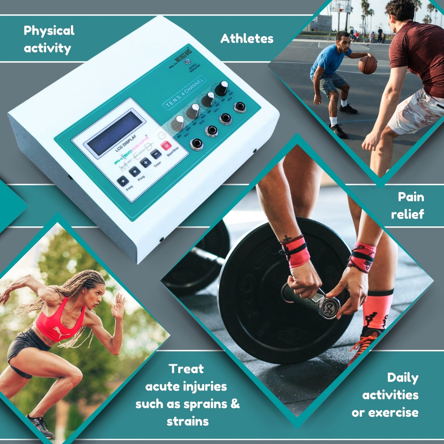 Electrotherapy device with images of athletes and text about pain relief and acute injuries.