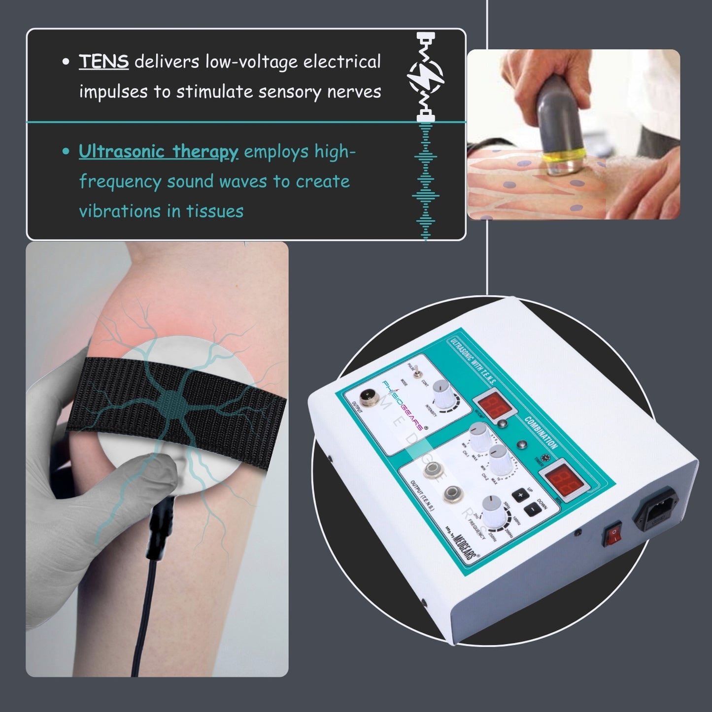 Medical device for TENS therapy with text explaining its function.