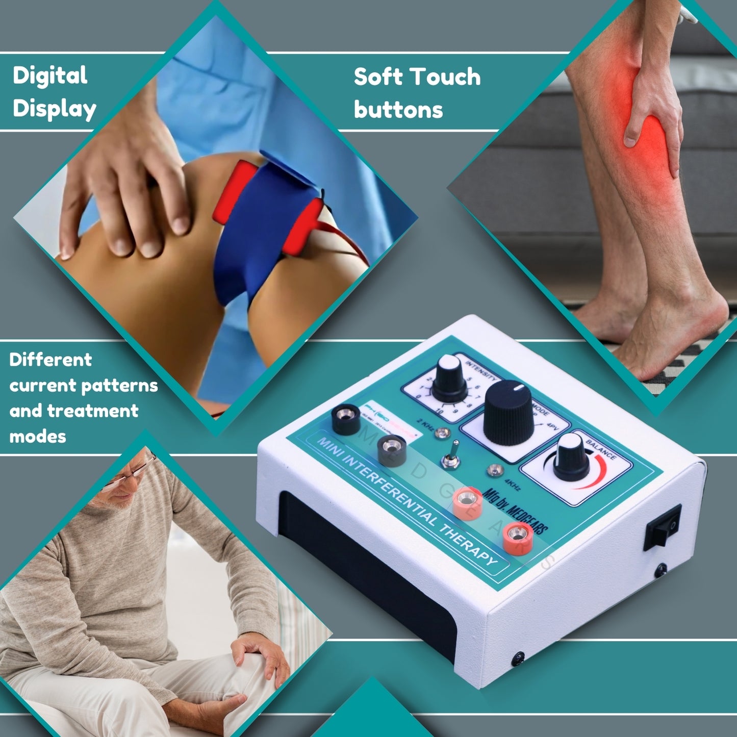 Electrotherapy device with text highlighting features like digital display and soft touch buttons, on a green and gray background.