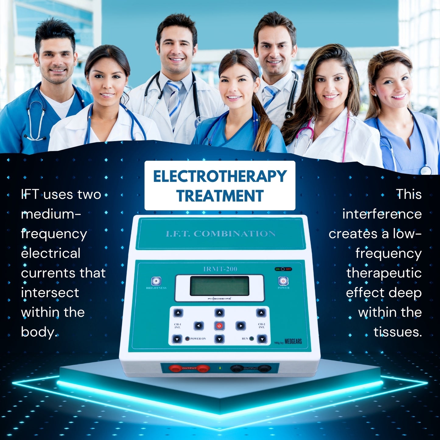Group of medical professionals with an electrotherapy treatment machine in the center.