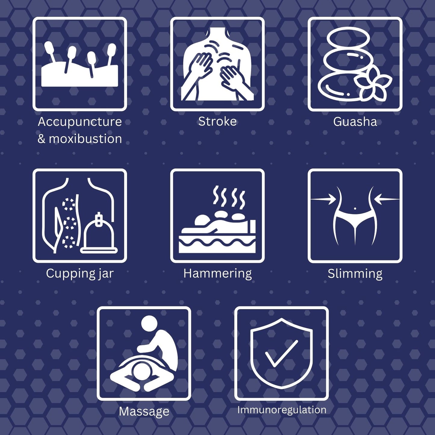 Set of icons representing various traditional Chinese medicine treatments on a blue background.