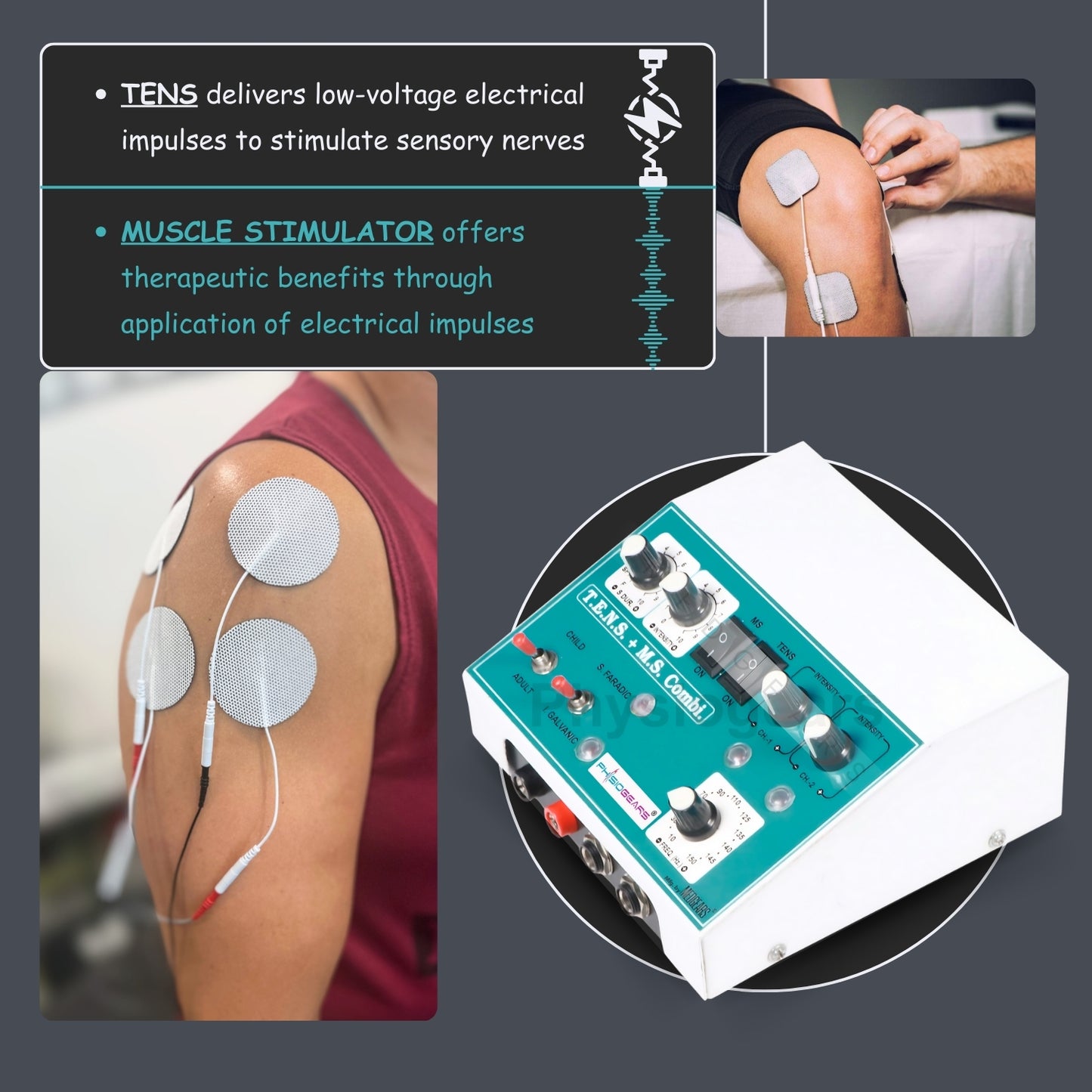 TENS unit with electrical impulses applied to a person's arm, showing therapeutic benefits.