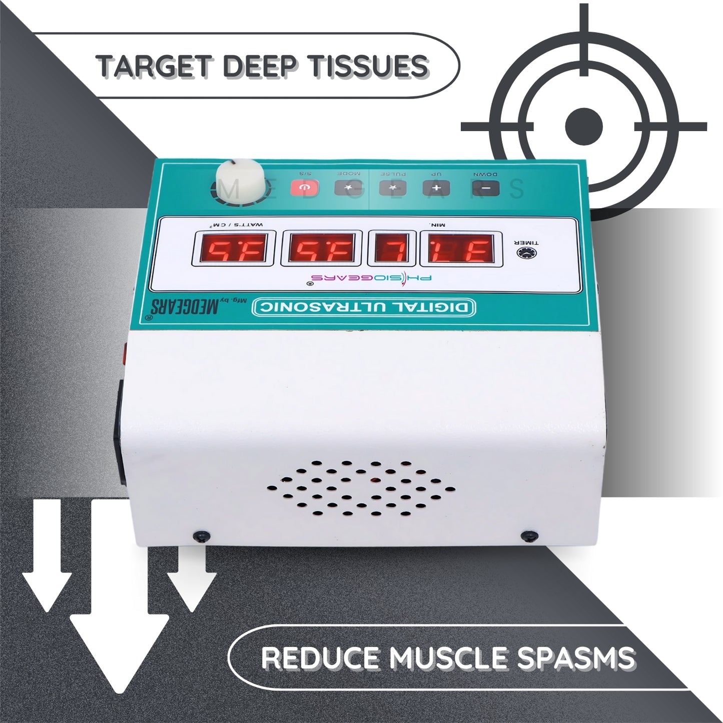 Digital ultrasonic machine with target and text on a gray background