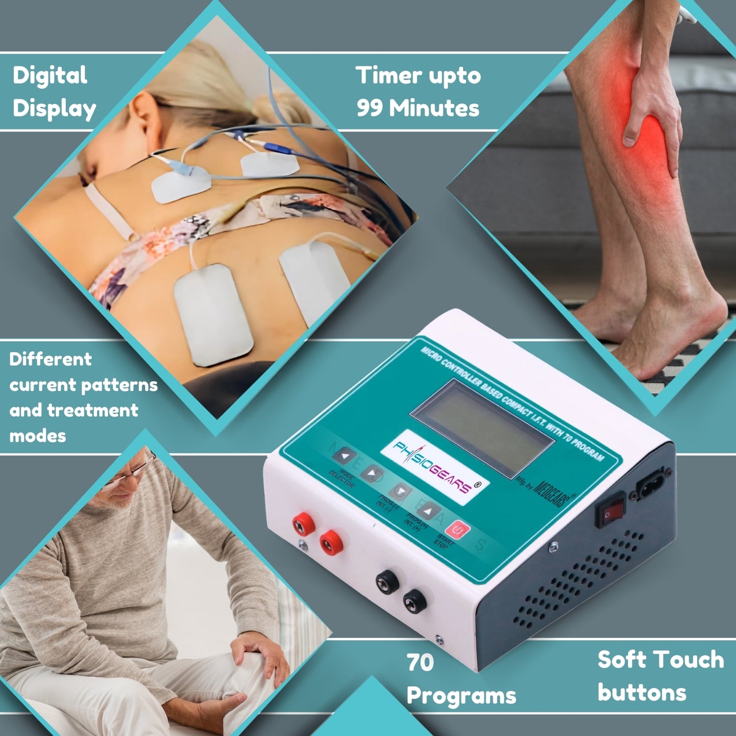 Electrotherapy device with features highlighted on a blue background