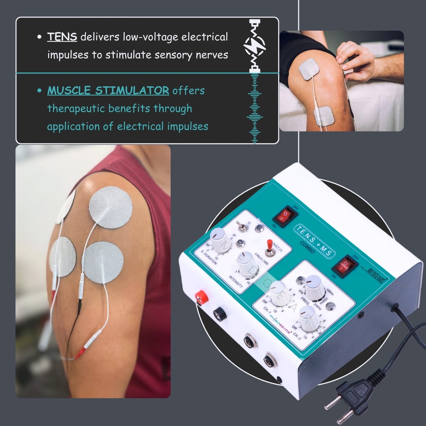 MUSCLE STIMULATOR with text explaining its function on a gray background