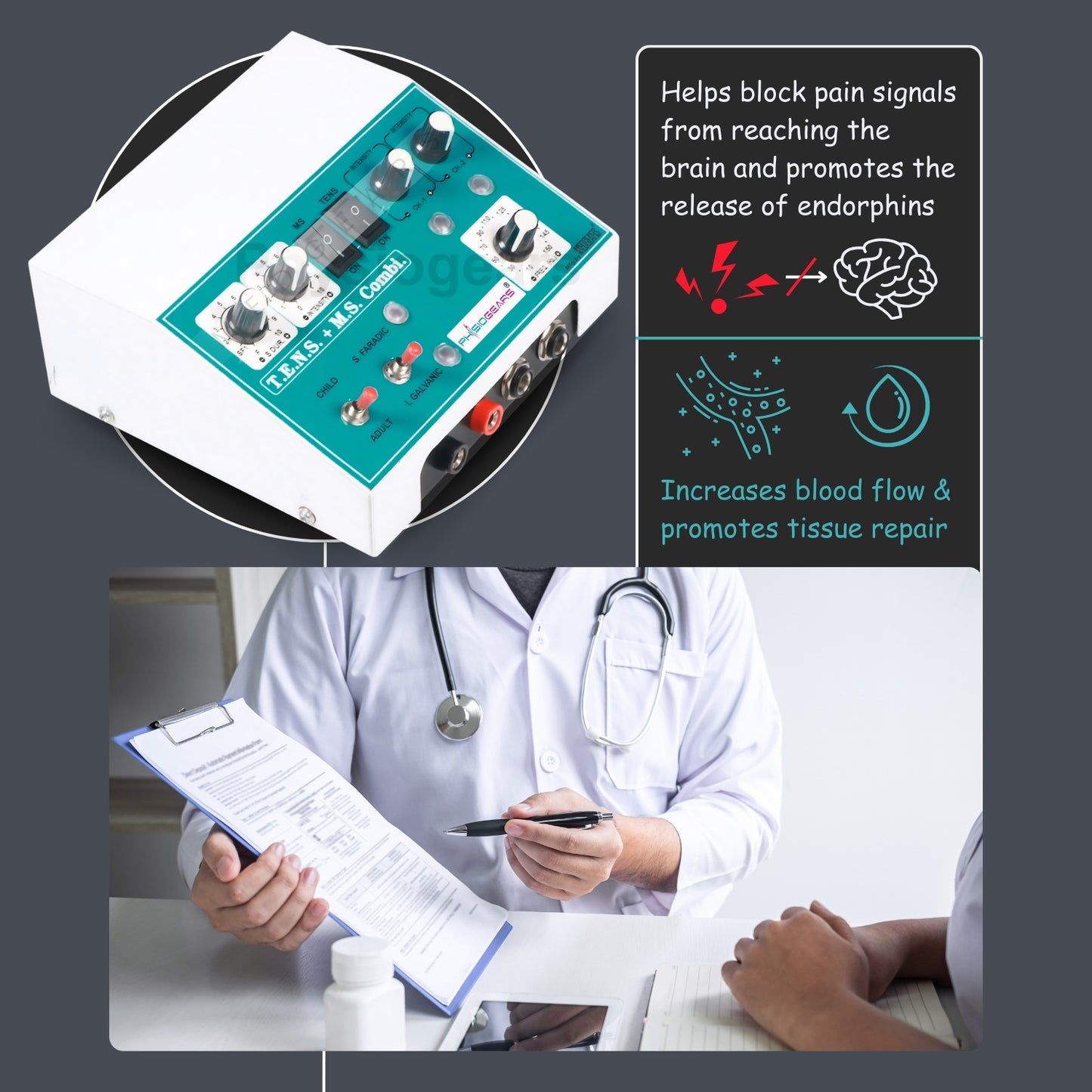 Electrotherapy device with medical professional and patient interaction, highlighting benefits on a dark background.