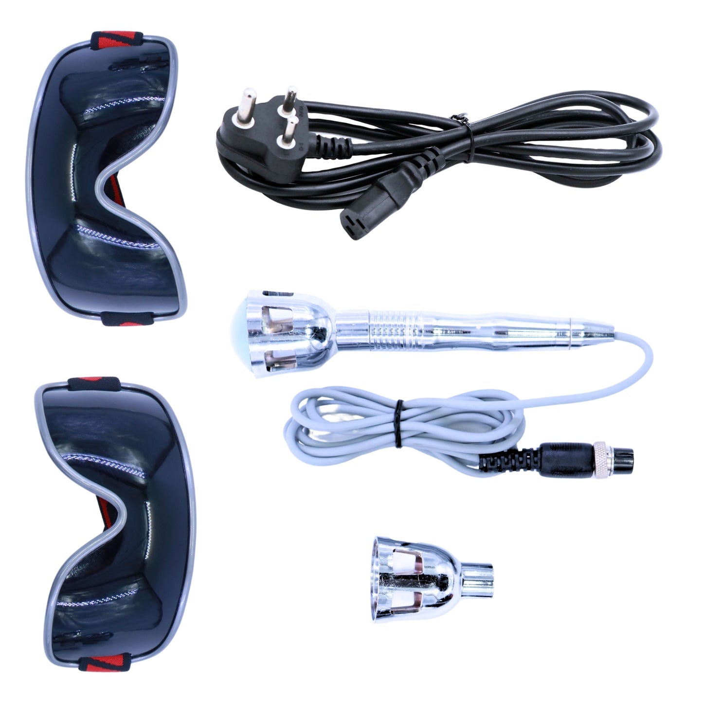 Set of car headlights, cables, and connectors on a white background