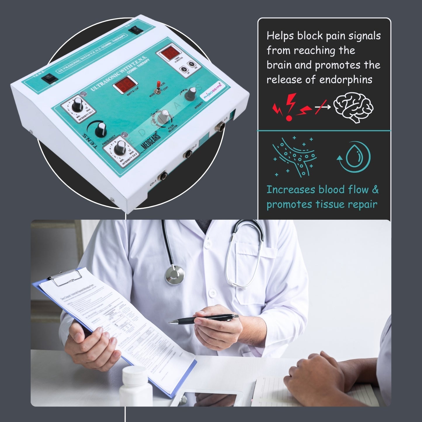 Medical device with text about pain management and a doctor taking notes.