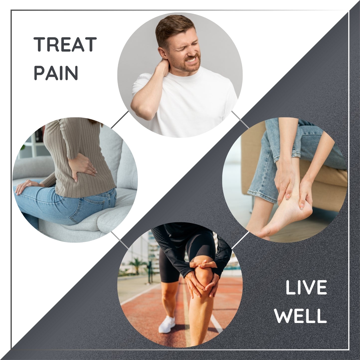 Collage of people experiencing pain in different parts of their body with text 'Treat Pain' and 'Live Well'.