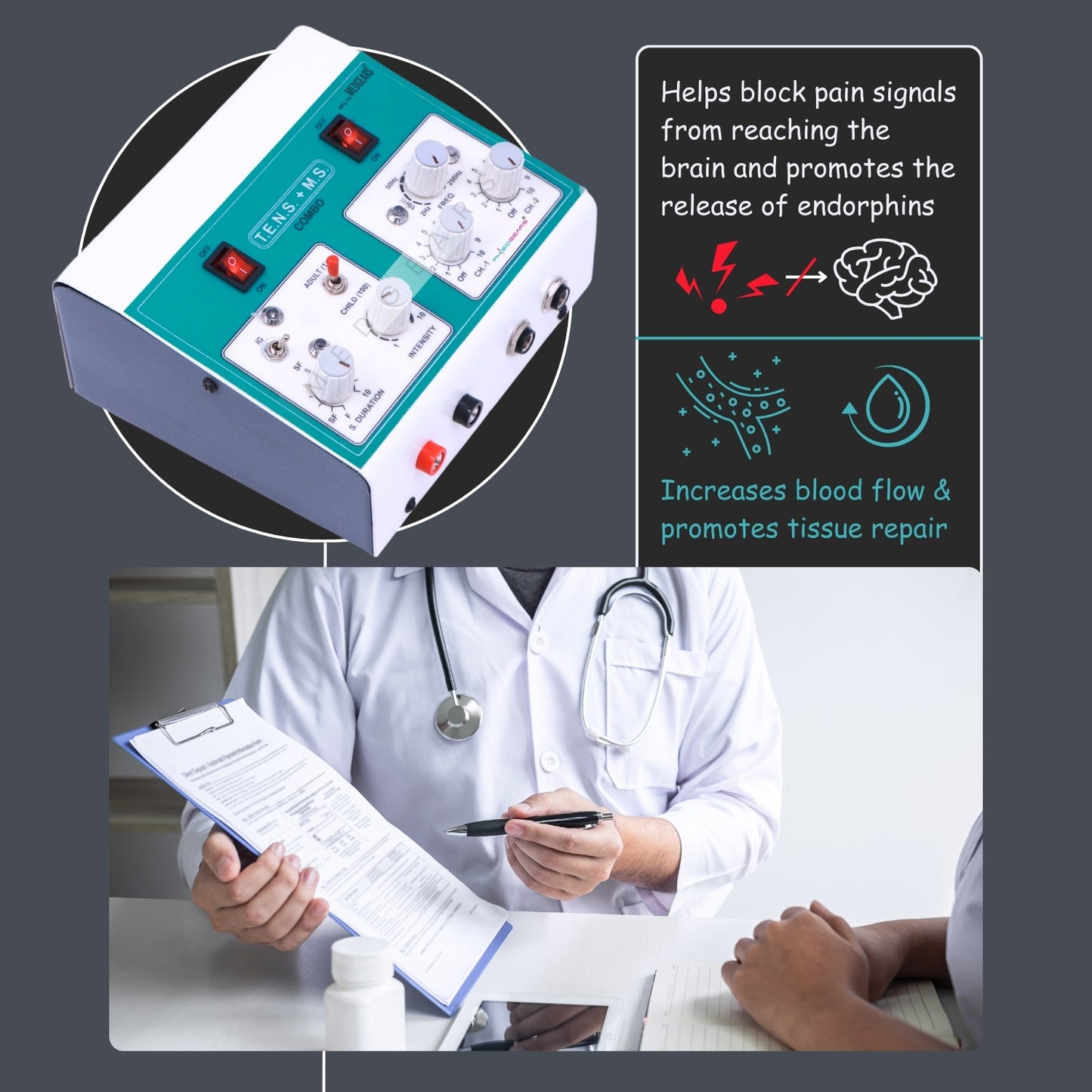 Pain relief device with text about its benefits, shown alongside a doctor taking notes.