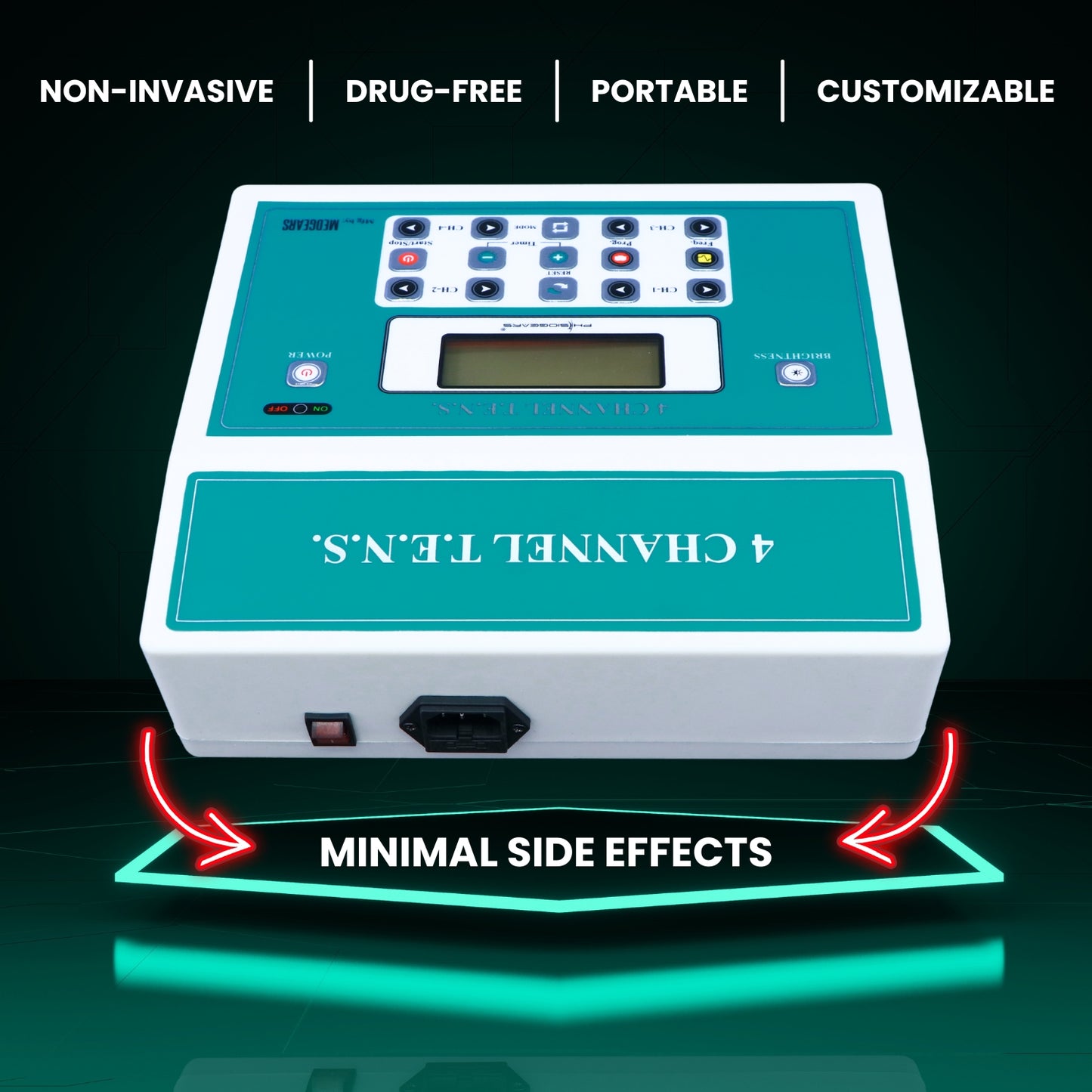 Teal and white electronic device with text highlighting features on a black background