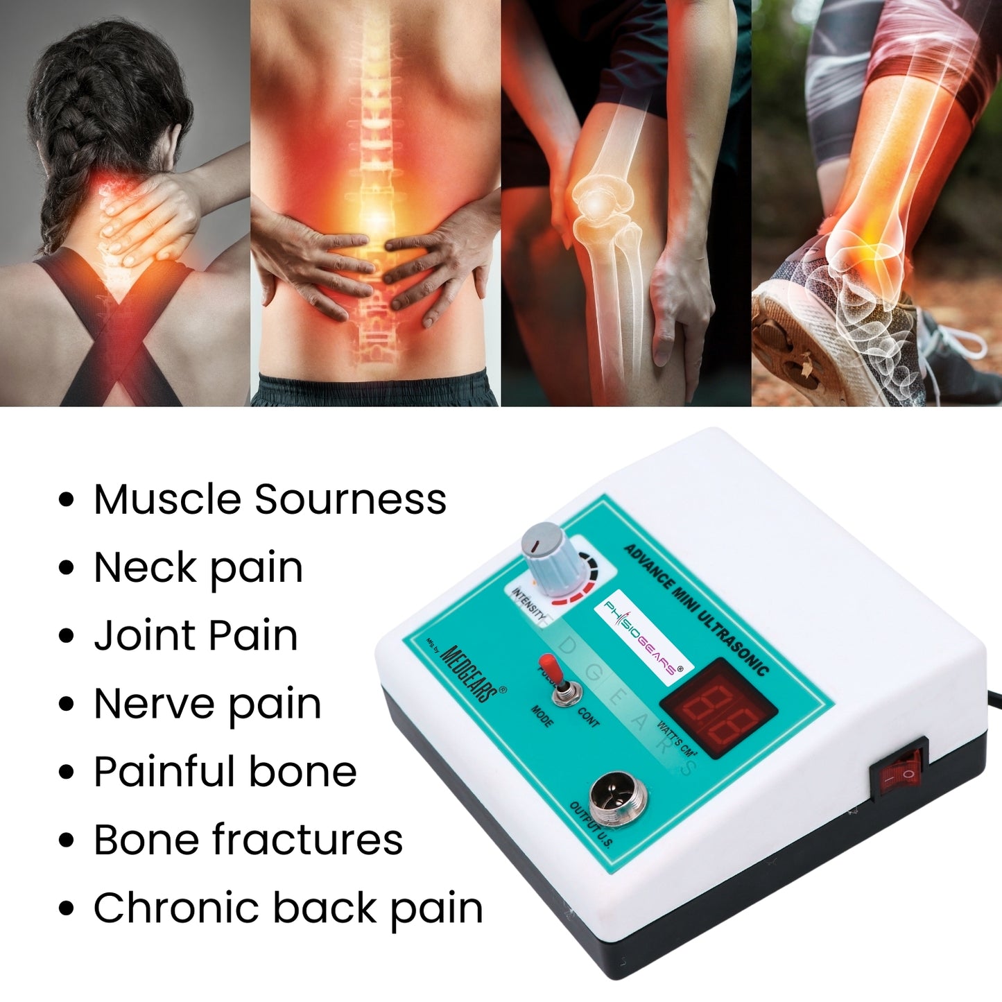 Pain relief device with symptoms listed below it on a white background