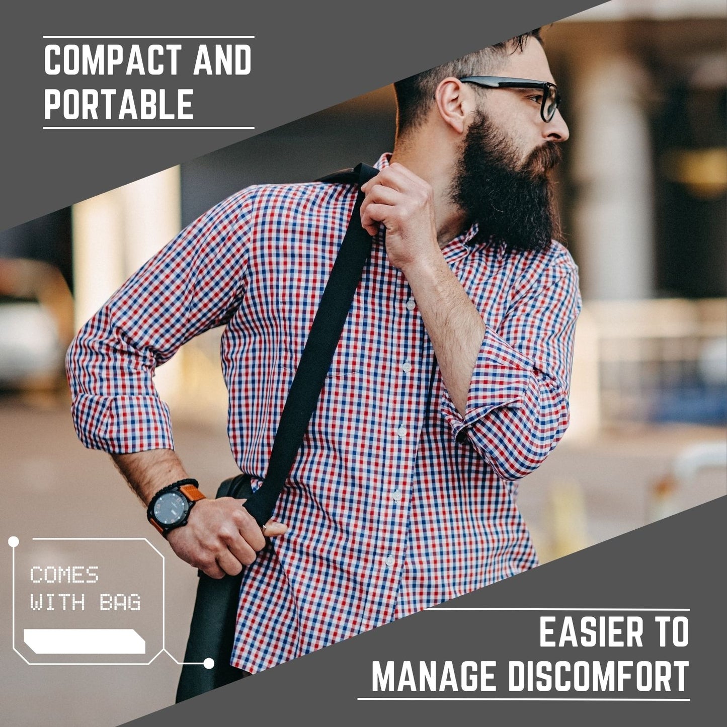 Man adjusting a strap with text about compactness and portability