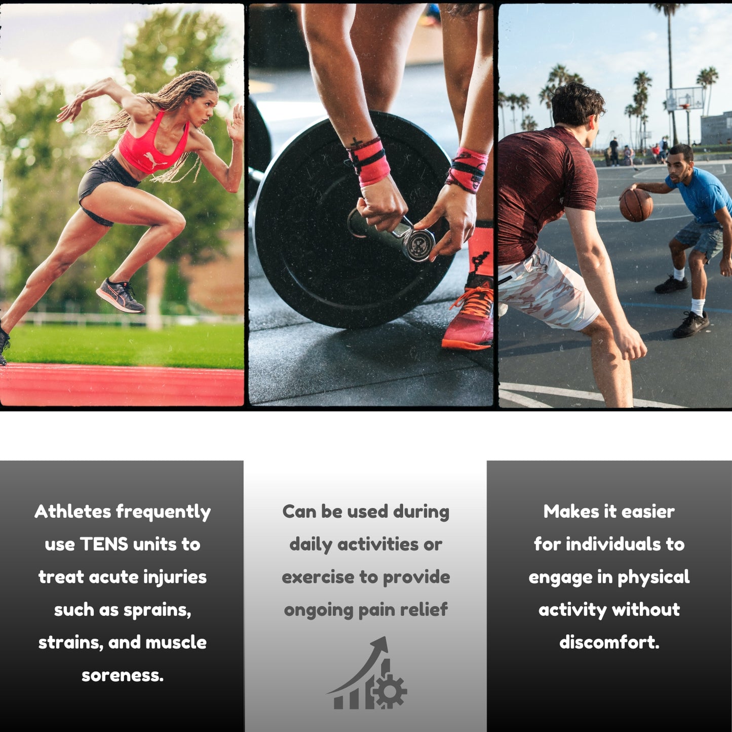 Collage of athletes using TENS units for pain relief, with text explaining their use.