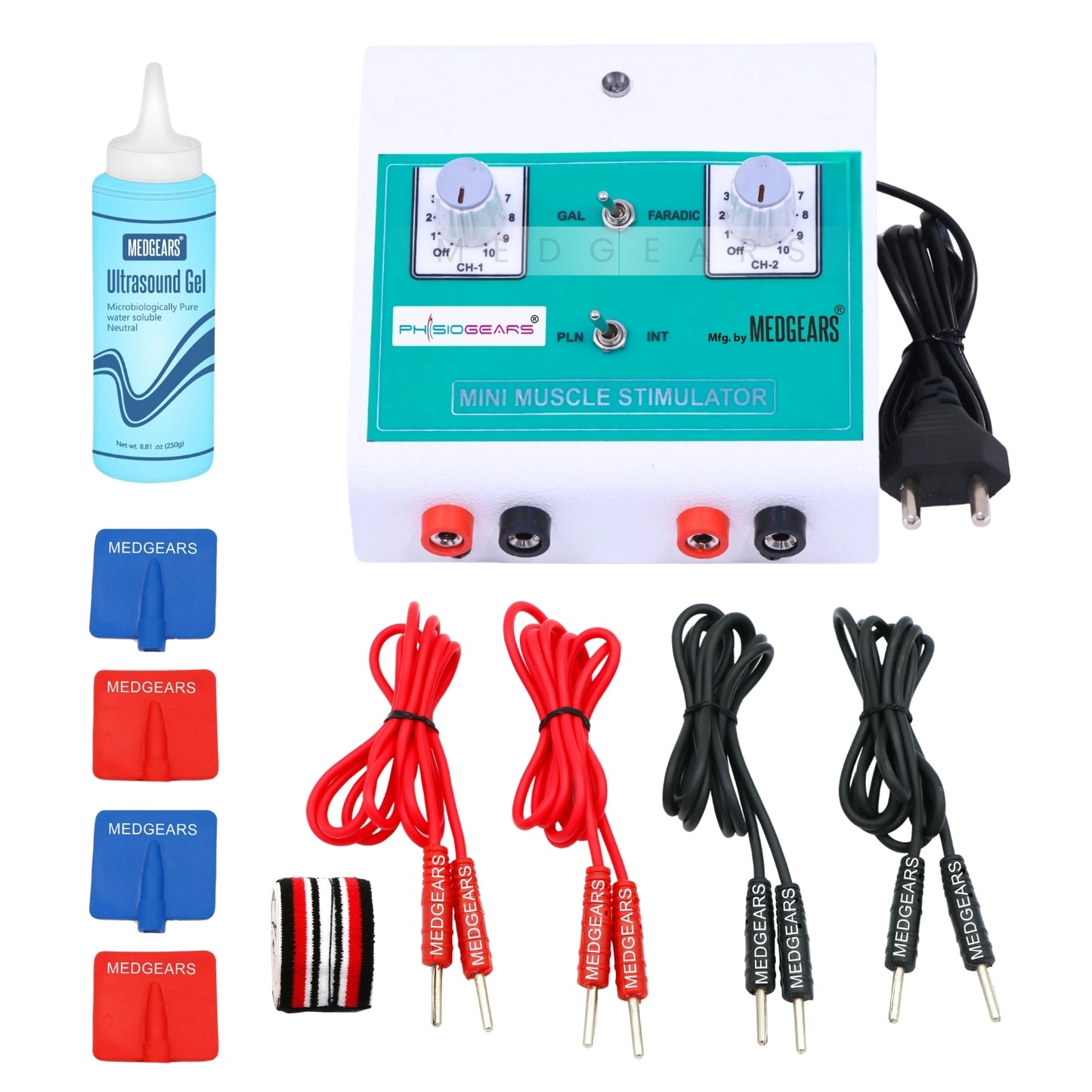 MINI Muscle Stimulator 4 PIN by Physiogears – compact physiotherapy device with clean white background