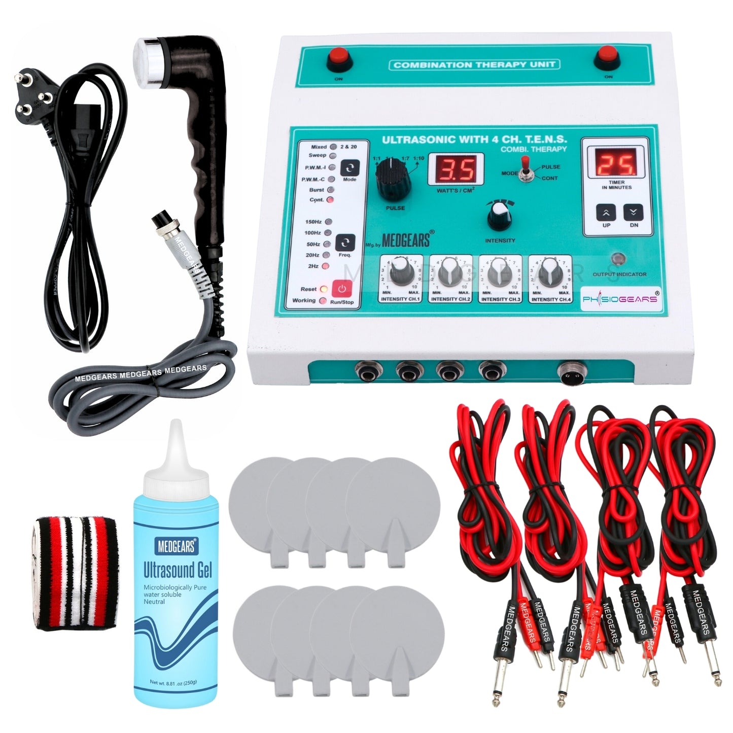 Medical device kit with ultrasound machine, cables, and accessories on a white background