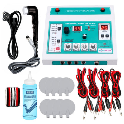 Medical device kit with ultrasound machine, cables, and accessories on a white background
