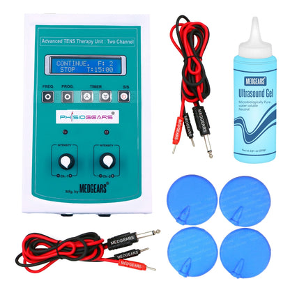 PhysioGears TENS therapy unit with accessories on a white background